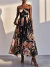 Black Floral Chiffon Strapless Sleeveless A-Line Midi Dress