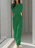 Green Crew Neck Plain Ruched Urban Jumpsuit