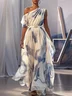 Blue Slit Chiffon One Shoulder Short Sleeve A-Line Maxi Dress