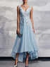 Light Blue Lace Asymmetric Chiffon V Neck Sleeveless A-Line Maxi Dress