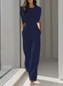 Off White Crew Neck Plain Ruched Urban Jumpsuit 