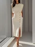 Off White Buckle Slit Crew Neck Sheath Midi Dress
