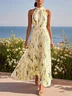 Pink Floral Crew Neck Sleeveless A-Line Maxi Chiffon Dress