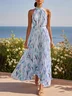 Pink Floral Crew Neck Sleeveless A-Line Maxi Chiffon Dress