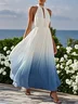 Pink Chiffon Halter Ombre Pearl Cut Out Sleeveless A-Line Mock Neck Maxi Dress