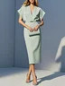 Light Blue Classic V Neck Short Sleeve Dolman Sleeve Sheath Midi Dress