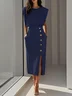Off White Button Slit Crew Neck Sheath Midi Dress