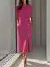 Off White Button Slit Crew Neck Sheath Midi Dress