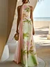 Green Printing Classic Crew Neck Sleeveless A-Line Gown Dress
