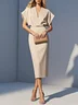 Light Blue Classic V Neck Short Sleeve Dolman Sleeve Sheath Midi Dress