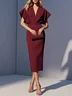 Light Blue Classic V Neck Short Sleeve Dolman Sleeve Sheath Midi Dress