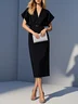 Light Blue Classic V Neck Short Sleeve Dolman Sleeve Sheath Midi Dress