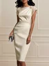 White Boat Neck Midi Sheath Satin Dress With Brooch