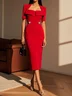 Red Buckle Classic Square Neck Short Sleeve Sheath Midi Dress