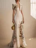 Beige Classic Deep V Neck Short Sleeve Mermaid Gown Dress