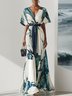 Blue Classic V Neck Short Sleeve A-Line Maxi Dress