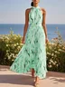 Pink Floral Crew Neck Sleeveless A-Line Maxi Chiffon Dress