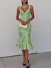 Pink Floral Mermaid Skirt V Neck Sleeveless Mermaid Midi Dress