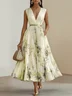 White Pleated Floral Chiffon V Neck Sleeveless A-Line Midi Dress