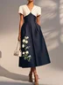 Navy Blue Embroidery Satin V Neck Short Sleeve A-Line Midi Dress