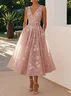 Light Pink Embroidered V Neck Sleeveless A-Line Midi Dress