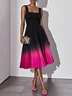 Orange Pleated Classic Square Neck Sleeveless A-Line Midi Dress