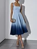 Orange Pleated Classic Square Neck Sleeveless A-Line Midi Dress