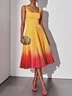 Orange Pleated Classic Square Neck Sleeveless A-Line Midi Dress