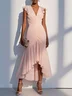 Pink Shirred Ruched Chiffon Lotus Leaf Collar Cap Sleeve Ruffle Sleeve Mermaid Midi Dress