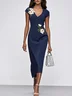 Purplish Blue Embroidery Applique Sheath Midi Dress