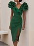 Green 3D Floral Ruched V Neck Sheath Midi Dress
