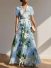 Light Blue Pleated Floral Chiffon V Neck Short Sleeve Balloon Sleeve A-Line Maxi Dress