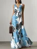 Orange Floral Classic V Neck Sleeveless A-Line Maxi Dress