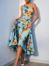 Blue Floral One Shoulder Sleeveless A-Line Midi Dress