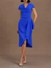 Light Blue Ruched Asymmetric Classic Cowl Neck Cap Sleeve Sheath Midi Dress