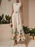 Off White Floral Crew Neck Regular Fit Morden Jumpsuit