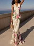 Pink Cross Floral V Neck Mermaid Gown Satin Dress