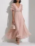 Pink Pleated Rhinestone Ruffle Sleeve A-Line Maxi Chiffon Dress