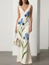 White Floral Classic V Neck Sleeveless A-Line Gown Dress
