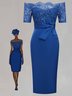 Blue Lace Pleated Bow Off The Shoulder Sheath Midi Dress