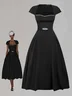 Black Rhinestone Pleated  Sweetheart Neckline Cap Sleeve A-Line Midi Dress