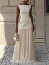 Off White Pleated Boat Neck Sleeveless A-Line Maxi Dress