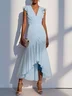Purplish Blue Shirred Ruched Chiffon Lotus Leaf Collar Cap Sleeve Ruffle Sleeve Mermaid Midi Dress