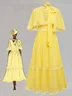 Yellow Gathered Lace Chiffon V Neck Half Sleeve Raglan Sleeves Sheath Midi Dress