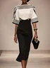 Black Striped Boat Neck Half Sleeve Sheath Midi Satin Dress