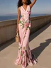 Pink Cross Floral Wrap Dress V Neck Sleeveless Mermaid Gown Dress