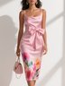 Pink Bow Floral Square Neck Sheath Midi Satin Dress