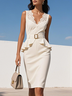 Off White Lace V Neck Sheath Midi Peplum Dress