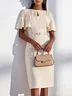 Off White Ruched Classic Crew Neck Sheath Midi Dress