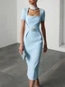 Light Blue Rhinestone Classic Square Neck Short Sleeve Sheath Midi Dress